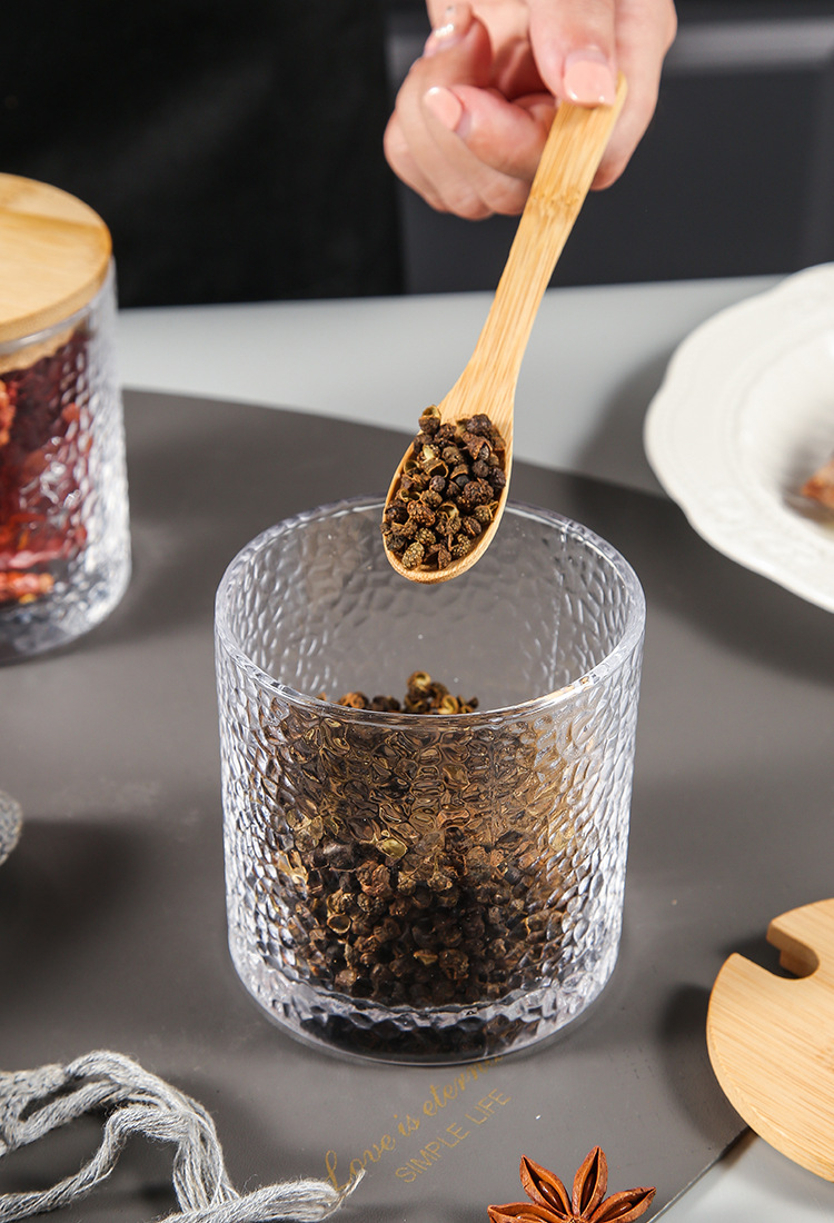 Green Classic Japanese Hammer patterned glass sealed Jar, Creative bamboo and wood tea jar, seasoning jar, storage jar, Kitchenware pic 16