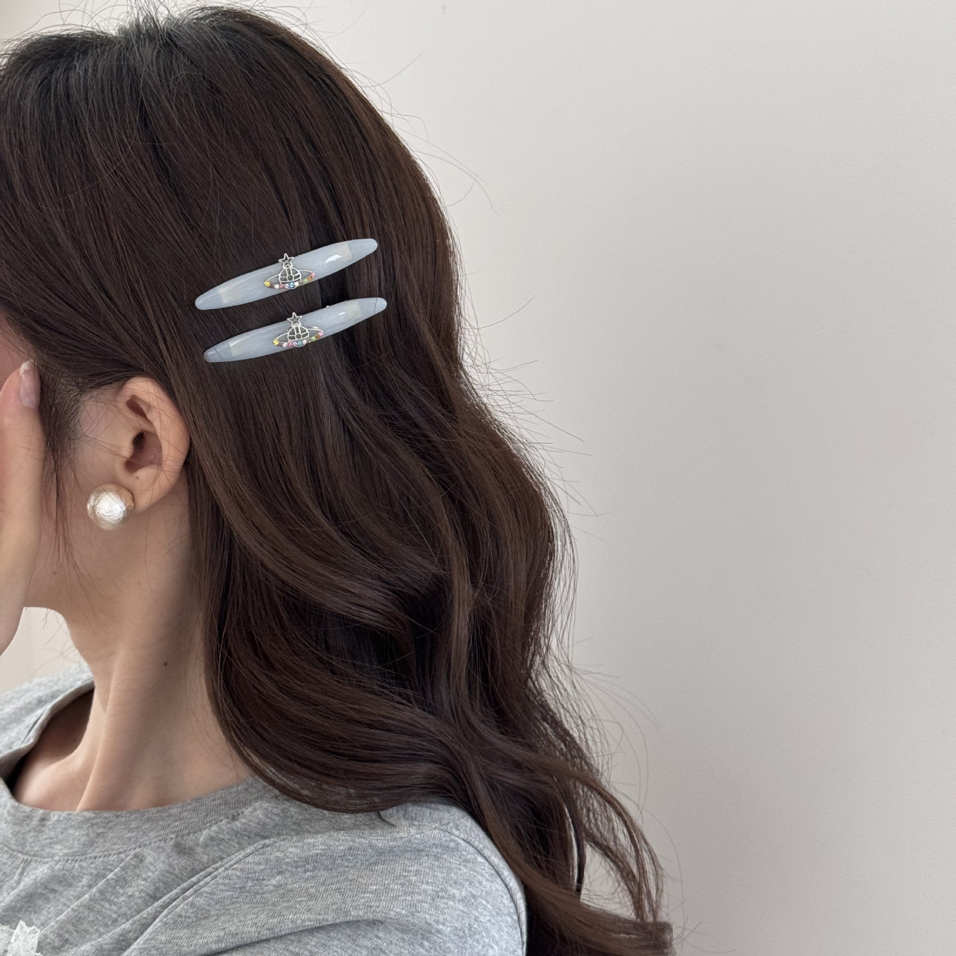 夏日甜酷雾色灰蓝合金星球土星发夹高级感时尚发饰边夹侧边刘海夹详情6