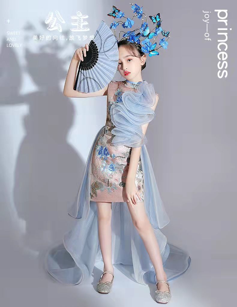 女童旗袍国潮改良夏季主持人儿童模特走秀T台潮装演出服国风礼服详情7
