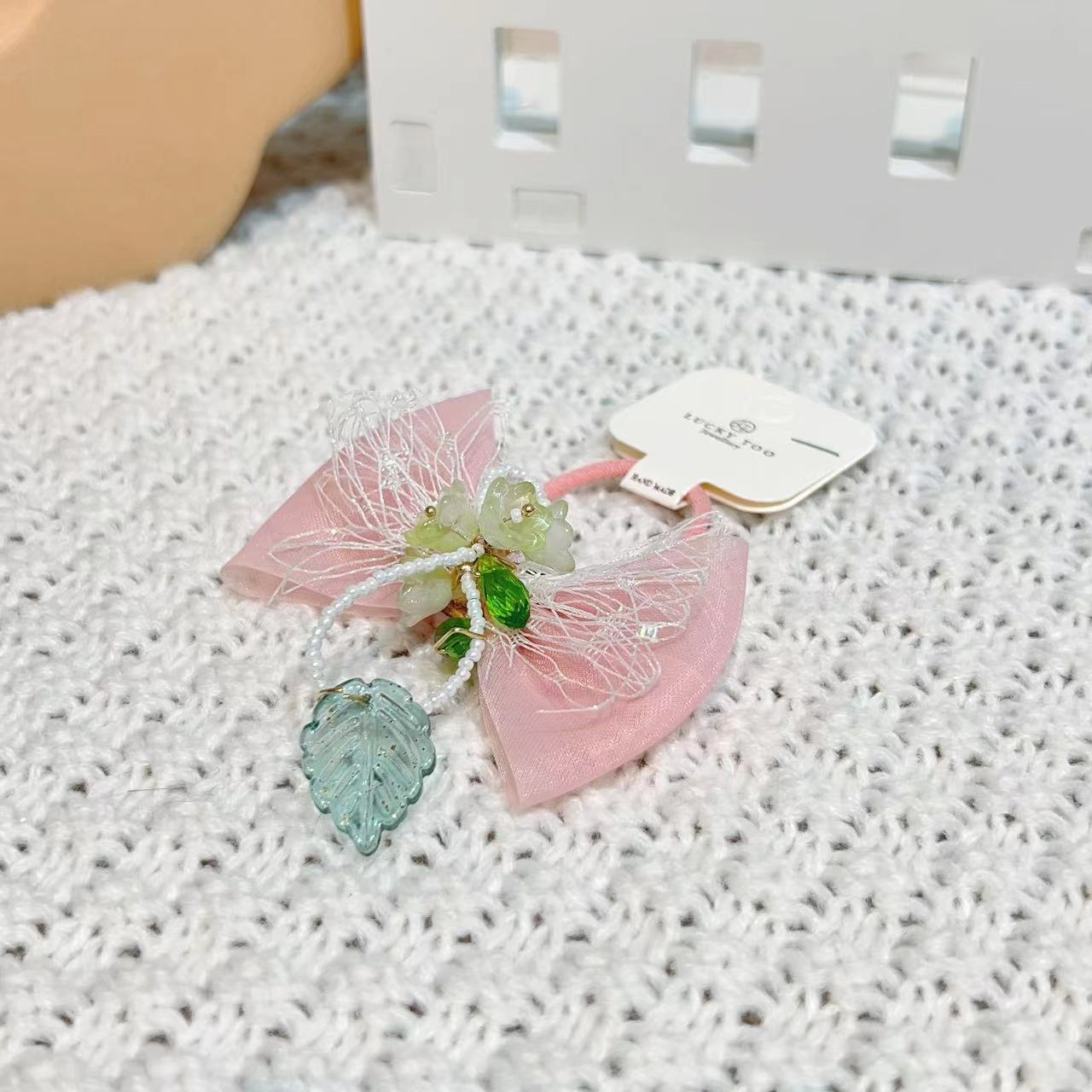 发绳LT10363韩系新款莎莎领结铃兰花串珠绿叶吊坠发饰发绳详情2