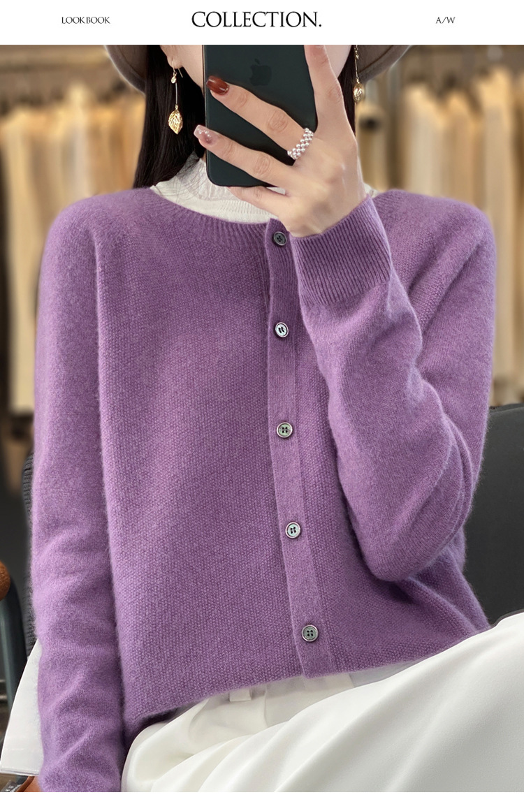 爆款批发秋冬季新款纯羊毛桂花针开衫宽松大码圆领羊毛衫详情13