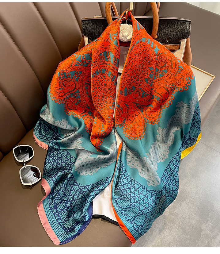 A classic blue and orange large flower 110 faux silk scarf with a large square scarf and a shawl on the outside. A girl gives it to her mother pic 27