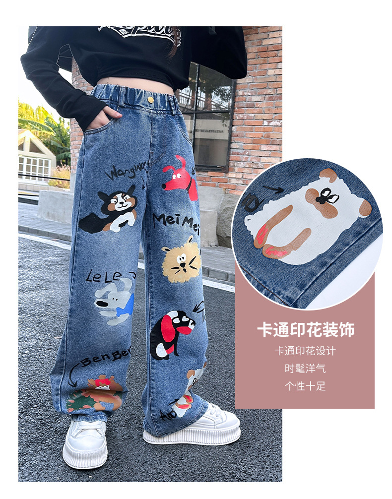 童裤批发外贸女童春季新款卡通牛仔裤韩版宽松中大童印花直筒长裤详情3