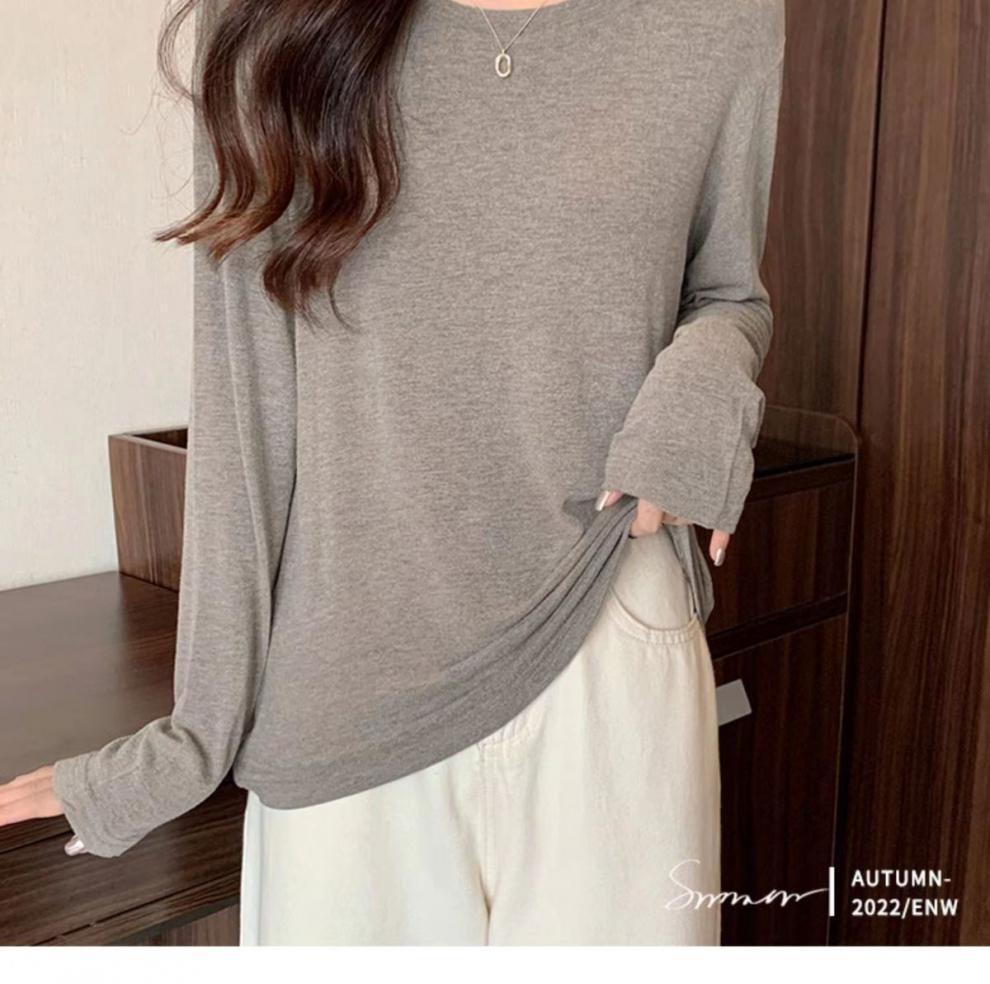 打底衫女宽松显瘦面膜T恤内搭秋冬新款软糯绒色磨毛长袖上衣代发详情6