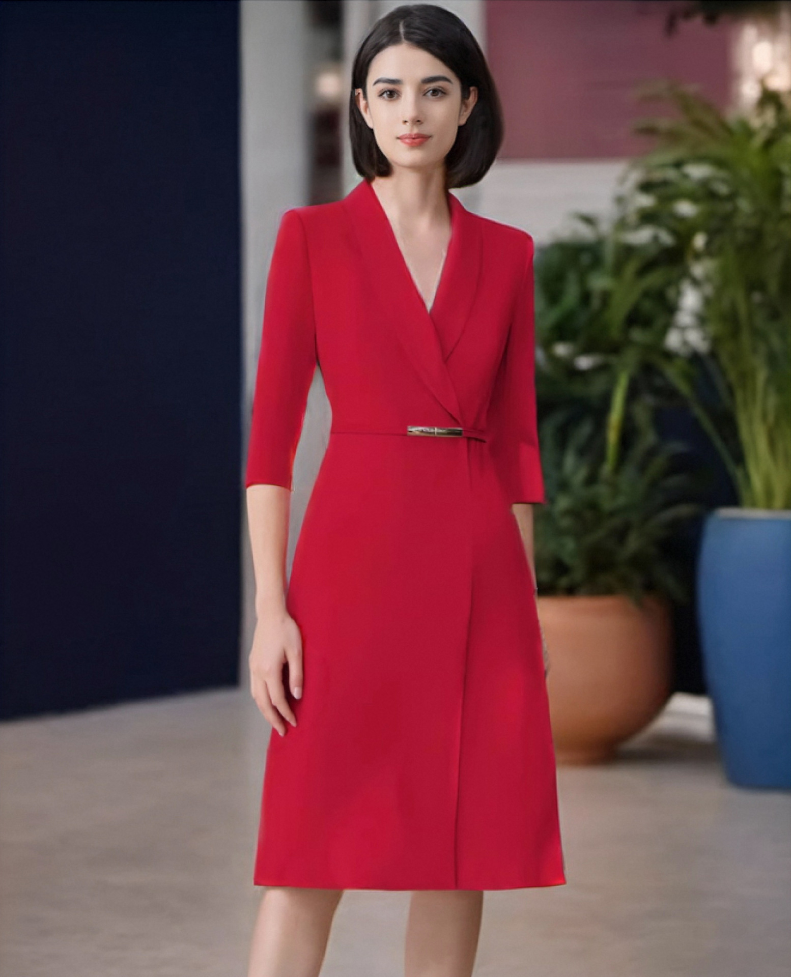 职业装春秋连衣裙女正式场合绿色西装裙气质时尚主持人中长a字裙详情4