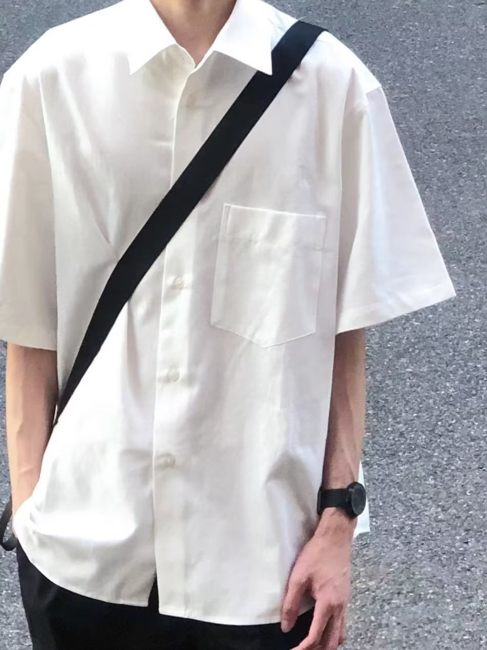 2023新款夏季痞帅宽松纯白色高级感衬衫男士短袖休闲衬衣一件代发详情16