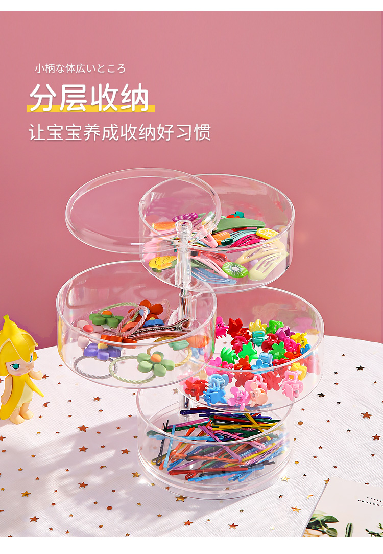 头饰发夹收纳盒儿童公主女孩卡梳妆整理可爱旋转耳钉环透明首饰盒详情1