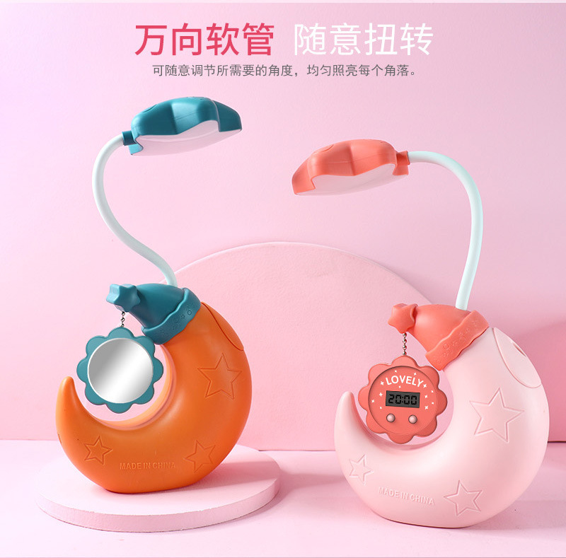 New cartoon moon LED pen holder desk lamp with clock, mirror, pencil sharpener, student charging, night light and logo printing pic 7