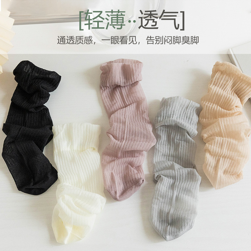 冰冰袜子女夏季薄款蕾丝堆堆袜女夏天冰丝月子长筒长袜白色中筒袜详情5