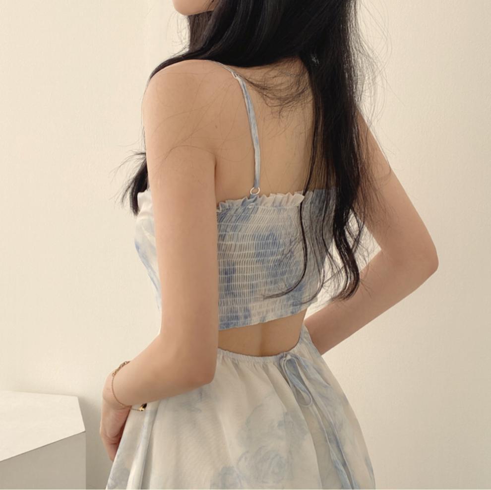 韩国chic夏季气质小清新水墨画印花镂空露背小个子雪纺吊带连衣裙详情10