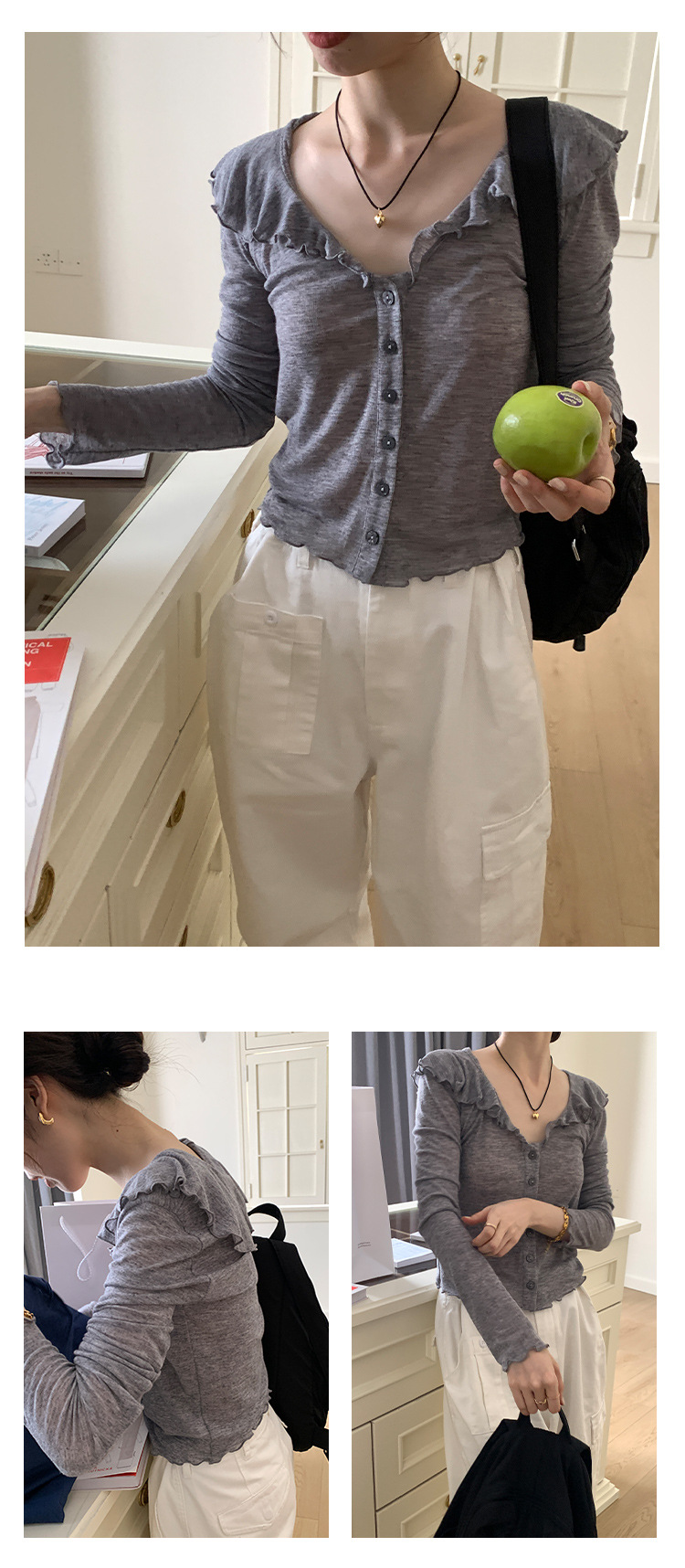 【法式别致的】木耳边V领T恤女2023秋季新款休闲百搭长袖开衫上衣详情16