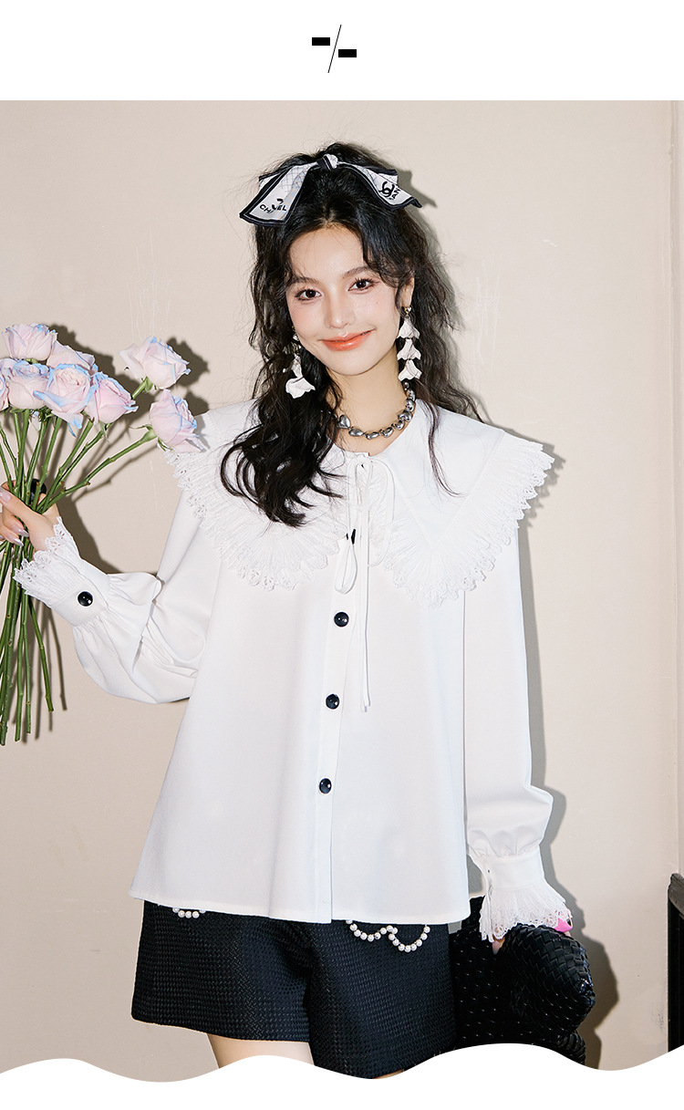 The new long-sleeved white shirt for women in the autumn of 2023, with lace trim and a doll-neck design, is a stylish shirt for women pic 14