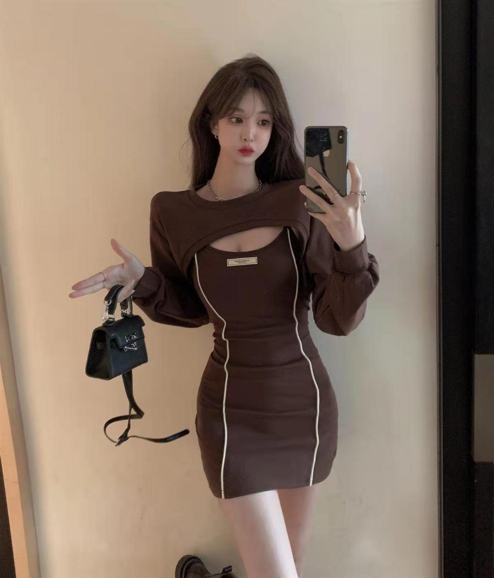 德绒吊带连衣裙女性感纯欲气质包臀短裙秋季新款打底裙子两件套装详情27