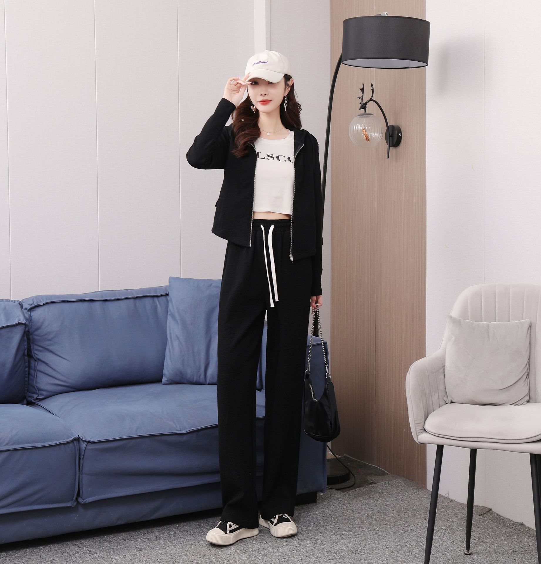 Early spring pure cotton fashionable casual set for women, loose, sporty and slimming straight-leg high-waisted wide-leg pants, zipper hooded jacket pic 35