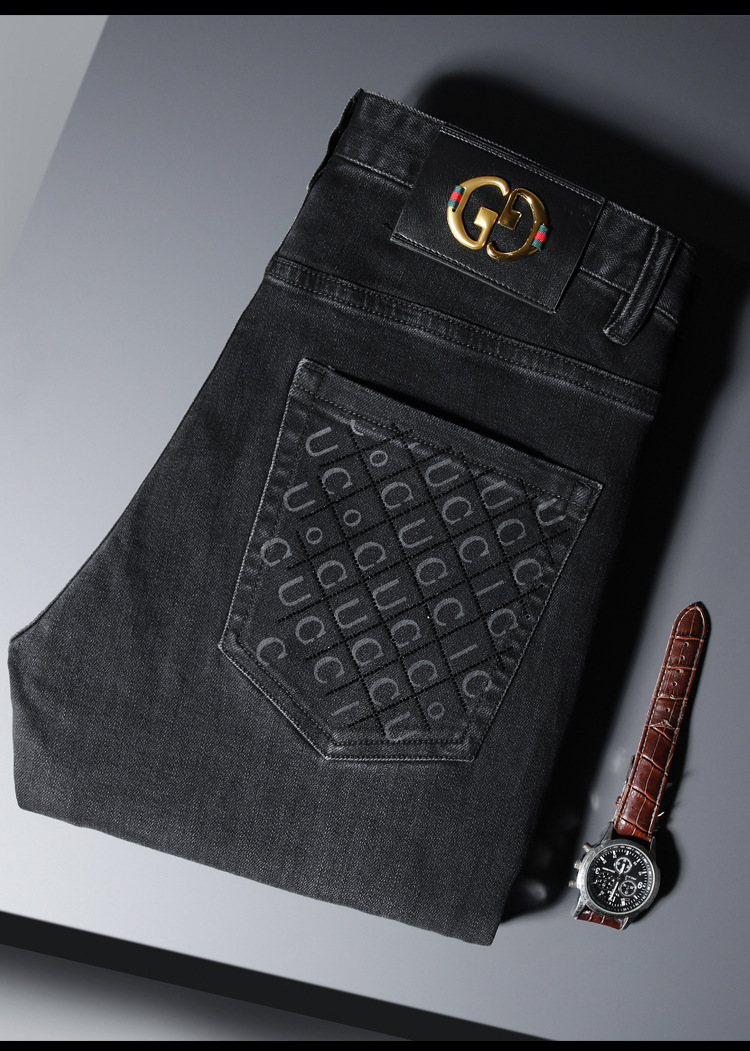 潮牌商务休闲直筒牛仔裤男2022秋冬新款青年印花烫钻修身小脚长裤详情8