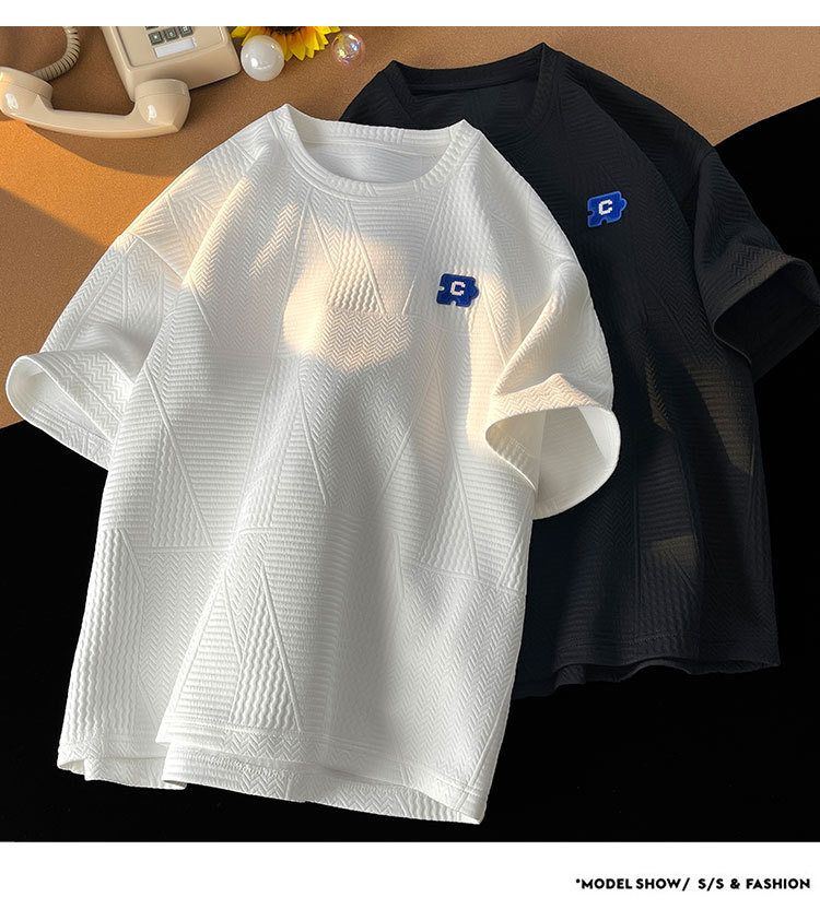 控48 夏港风重磅高克重圆领短袖华夫格男T恤休闲百搭小清晰详情4