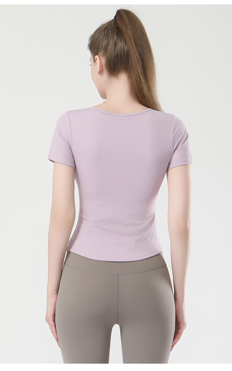 春季新款锦纶瑜伽T恤女带胸垫V领高弹短袖t恤时尚健身瑜伽上衣详情8