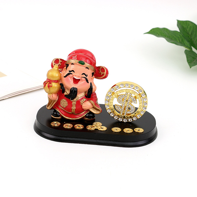 创意q版财神爷汽车内饰摆件批发树脂工艺品镶钻金币转钱财神车饰详情6