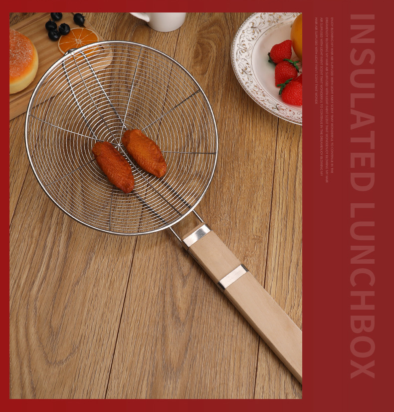 Qiaoyu large wooden handle stainless steel wire strainer, household hot pot ladle wire oil leakage dumpling filter, double-wire strainer, kitchen pic 13