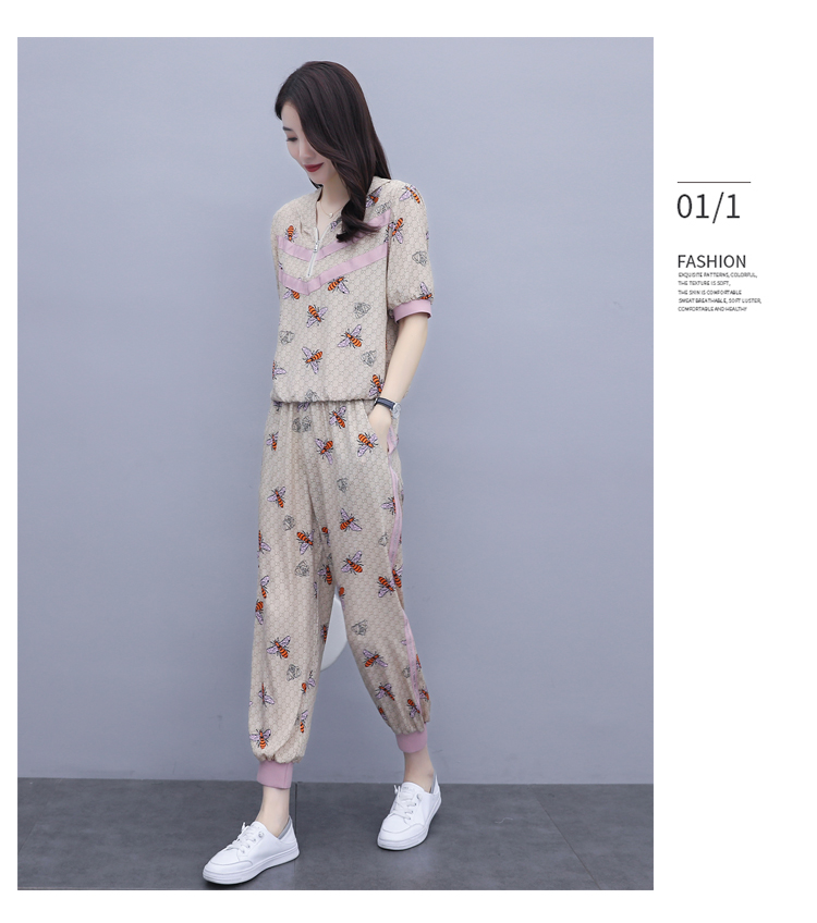 时尚套装女2022年夏季新款韩版宽松印花连帽上衣休闲小脚裤两件套详情9