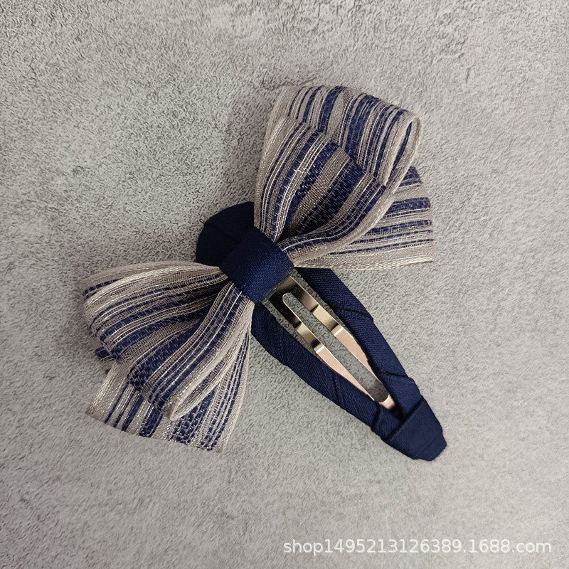 Korean-style sweet girl adult hairpin, navy blue striped silk gauze bow, BB clip, water drop clip, bangs clip pic 3