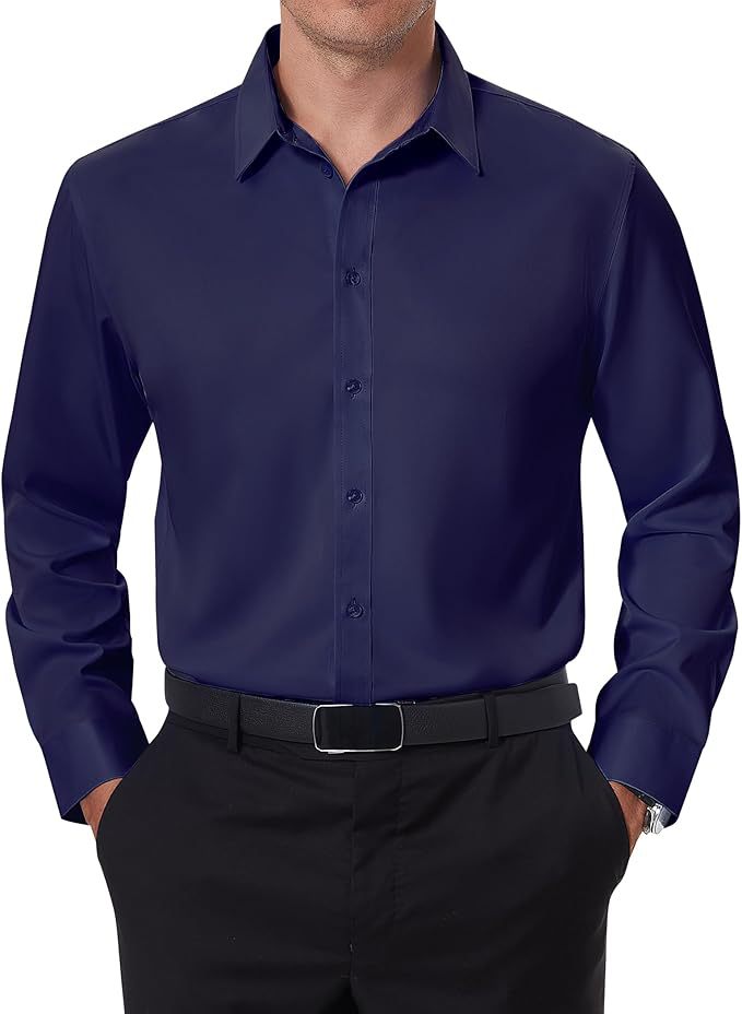 亚马逊爆款四面弹力男士衬衫商务休闲正装系扣免烫纯色衬衫男长袖详情26