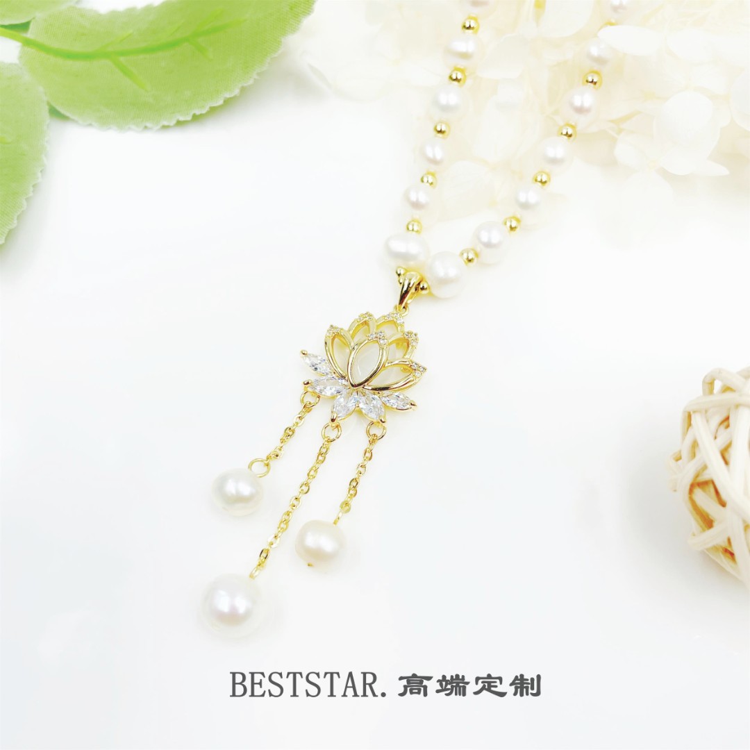 步步生莲珍珠项链铜合金合成锆石吊坠轻奢百搭设计气质优雅新款潮详情28