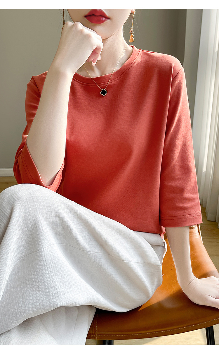 圆领丝光棉七分袖t恤女2024春夏新款气质百搭棉线打底衫半袖女详情26