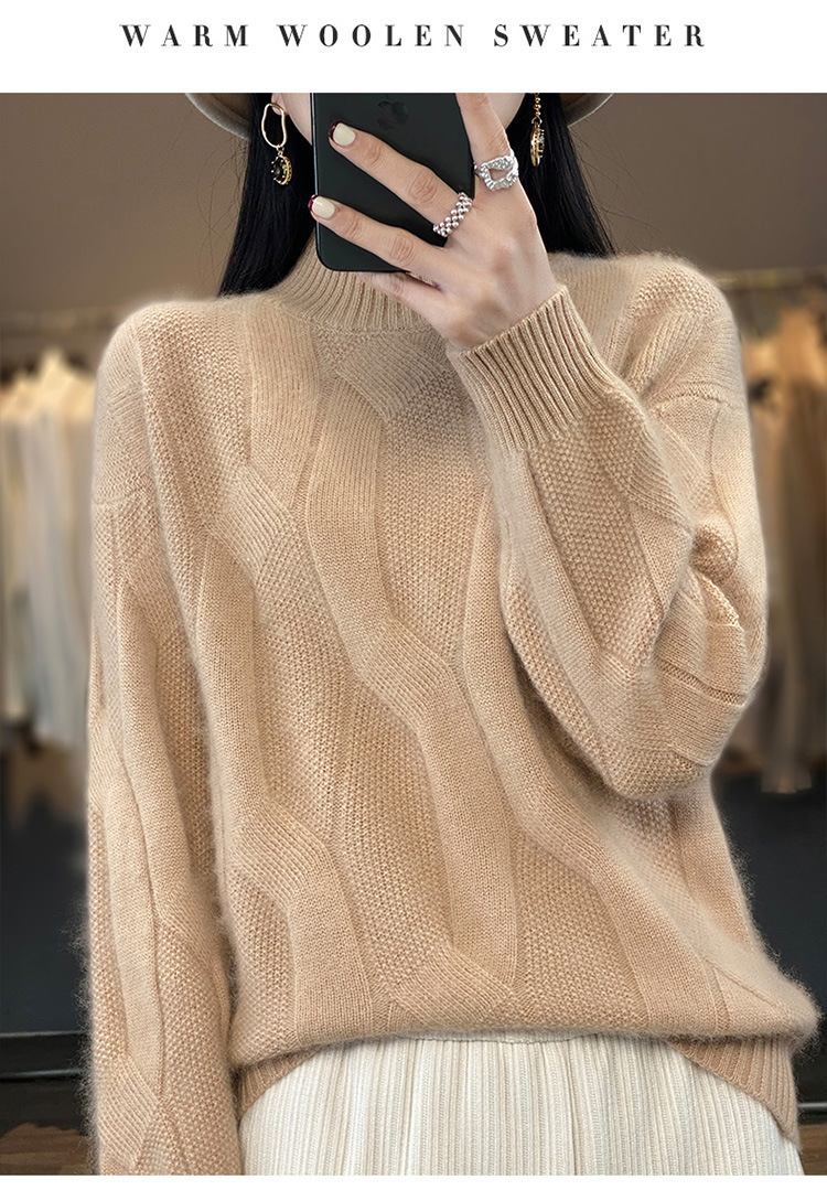 2024 New style 100 wool sweater for women, semi-high neck, thickened with twist, solid color, simple sweater, loose and slimming knitted sweater pic 24