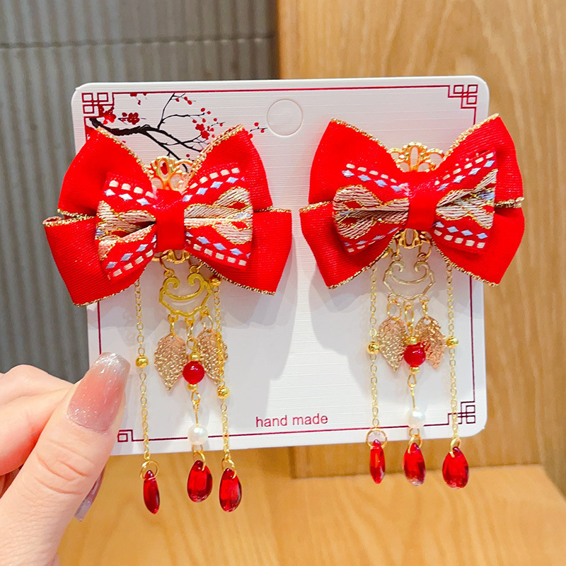 新年款红色古风流苏发夹儿童汉服发卡头饰女童复古蝴蝶结发夹发饰详情37