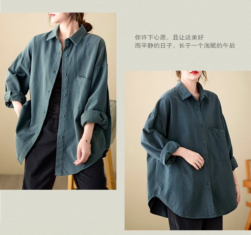 4色入纯色翻领长袖衬衫外套女宽松2024秋季新款文艺大口袋衬衣潮详情14