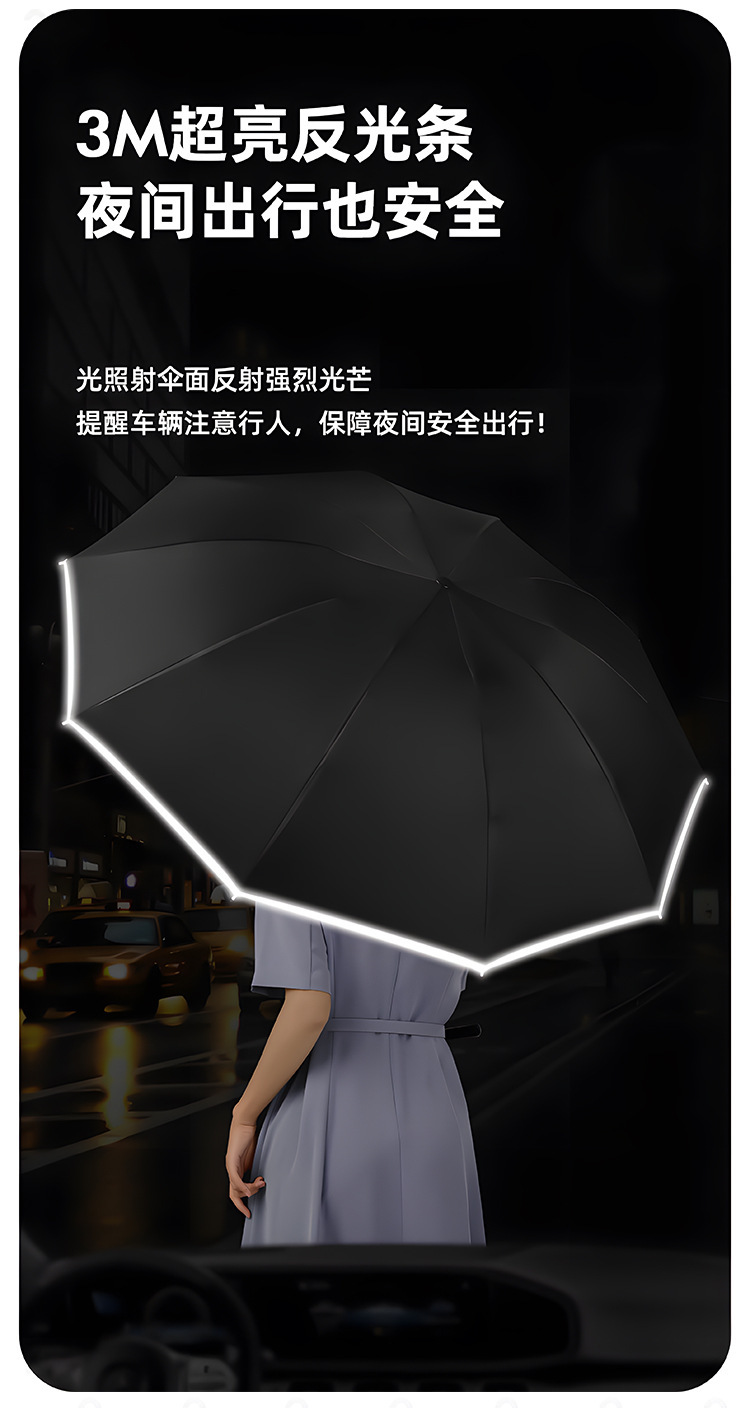 雨伞折叠伞反向双骨反光条晴雨伞加固抗风暴加厚黑胶雨伞自动大号详情4