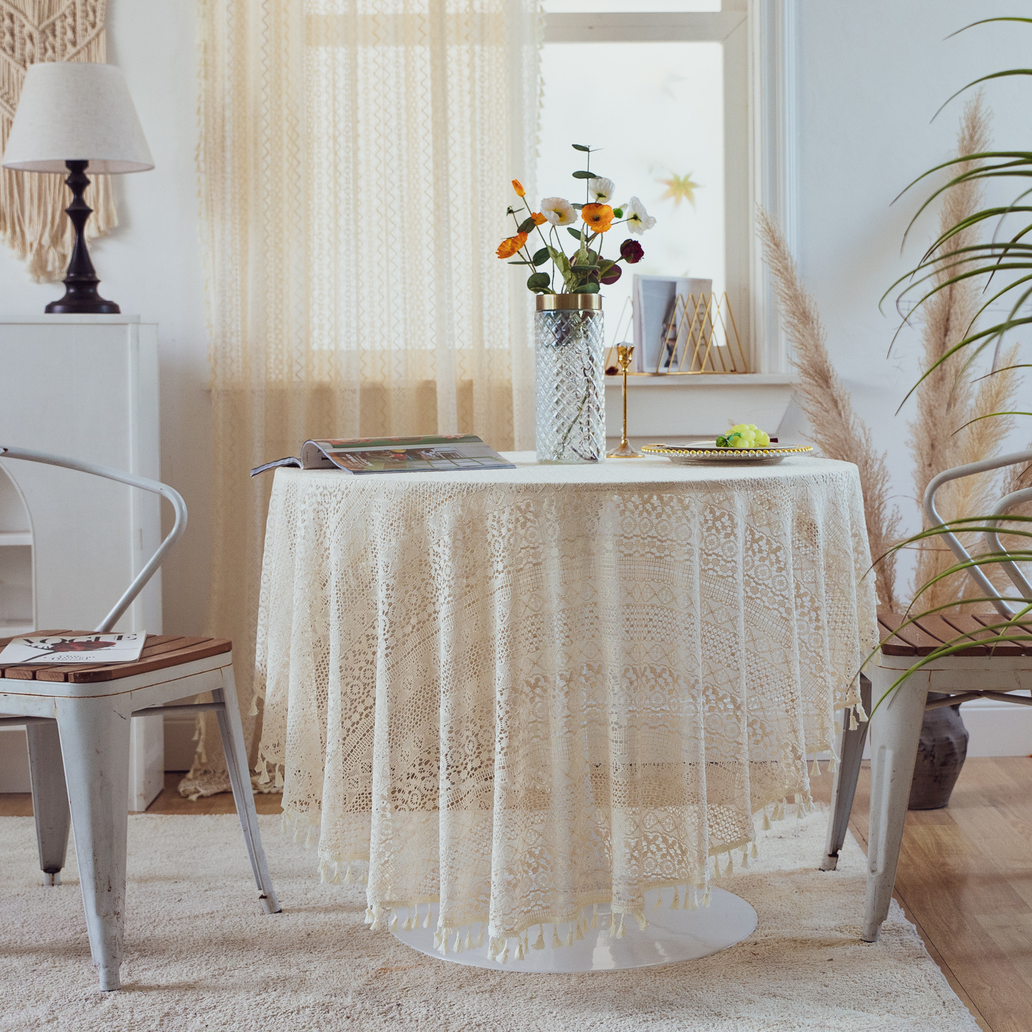 National trend retro hollowed-out lace cover fabric, ins style rectangular white country tablecloth, round table and small round tablecloth pic 8