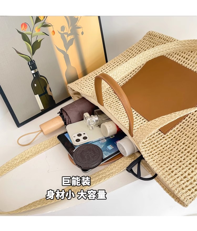 新款大容量百搭草编包女松弛感日系潮流手提单肩包度假旅行沙滩包详情3