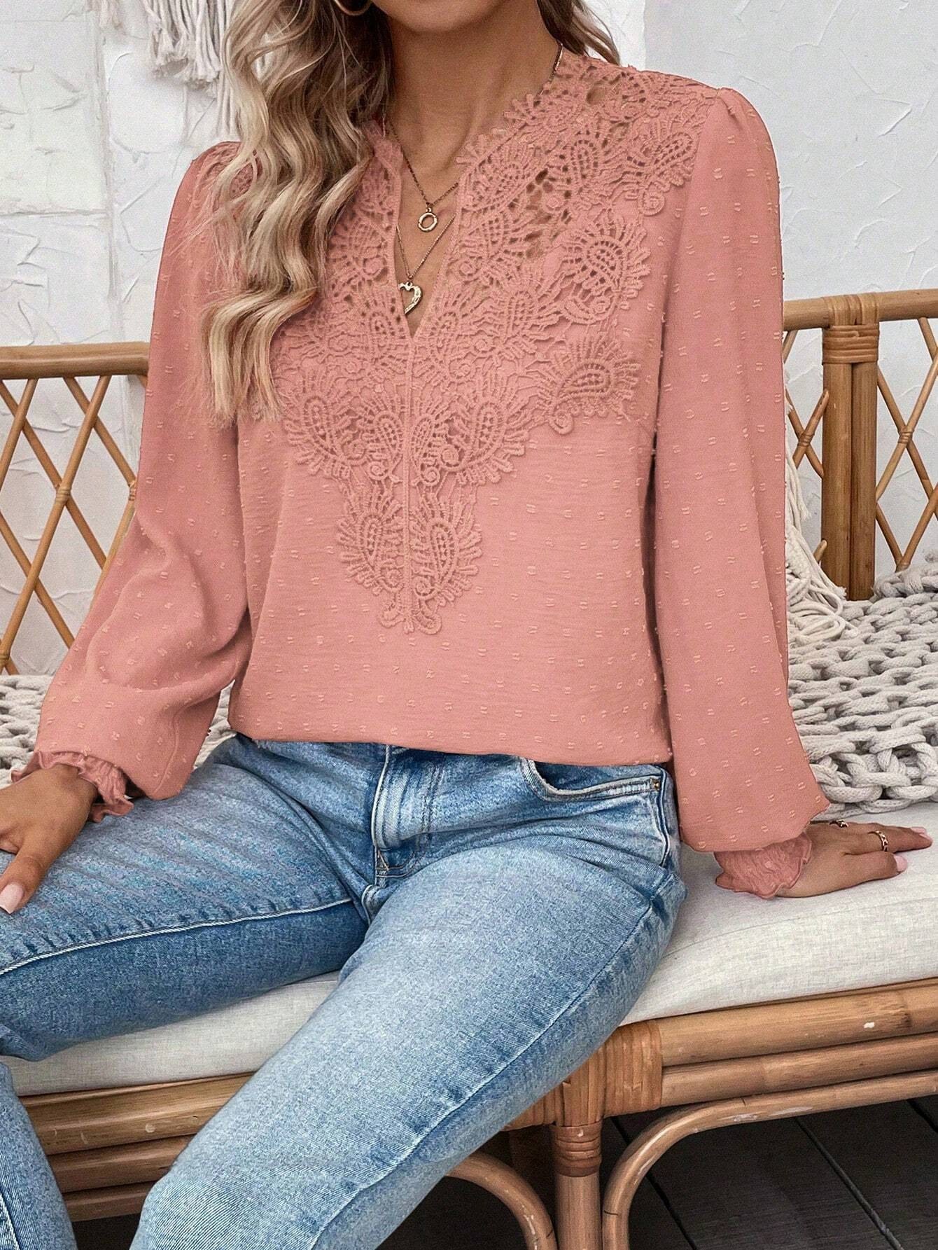 The new autumn and winter fashion V-neck lace solid color long-sleeved casual T-shirt for women on Amazon Cross-border in Europe and America in 2024 pic 28