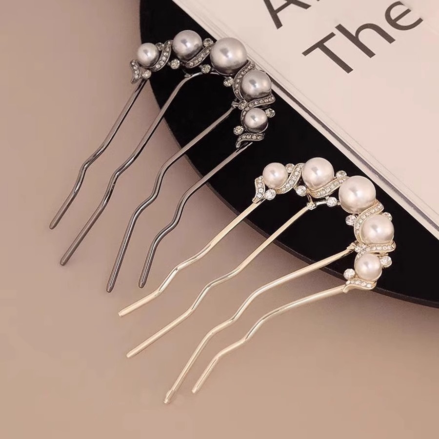 New Chinese-style bun hair hairpin, pearl four-toothed comb hairpin, U-shaped hairpin, elegant updo, hair comb pic 22