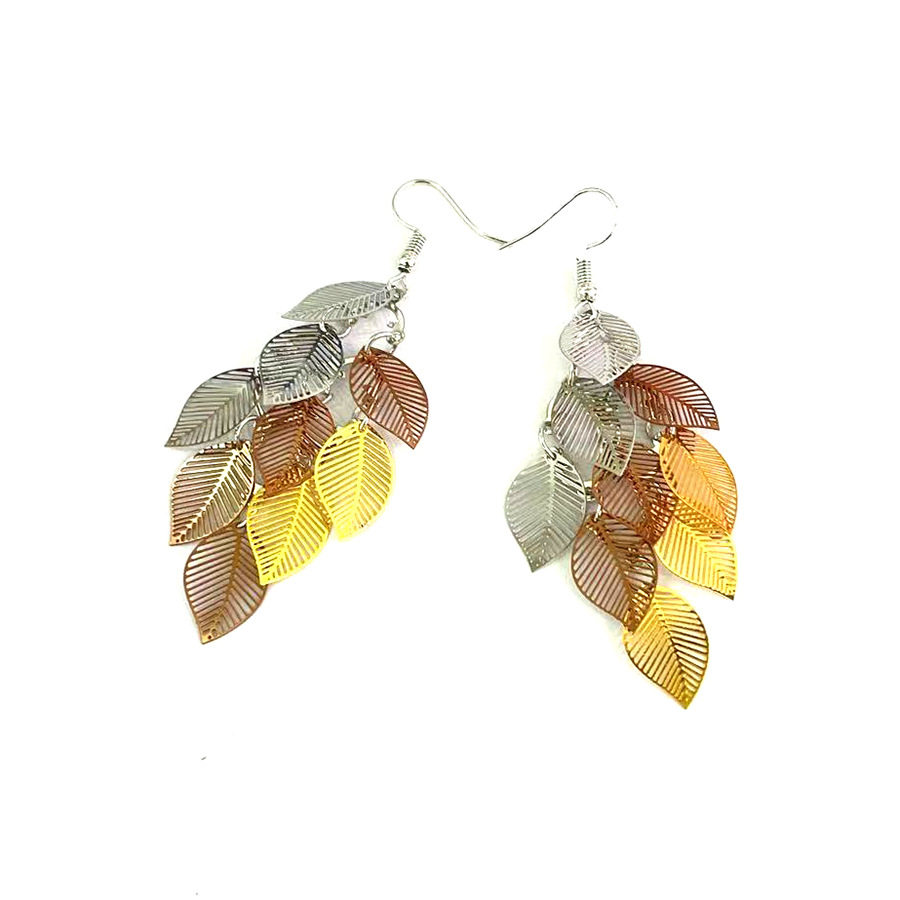 New European and American color-blocked leaf nine-piece earrings, fresh and colorful tassel leaf earrings, cross-border popular earrings pic 15