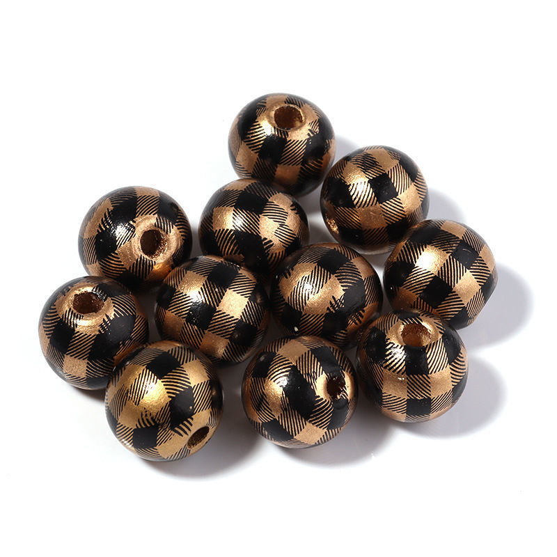 千鸟格木珠DIY挂饰装饰串珠彩色格子木珠配件条纹印花带孔木珠详情13