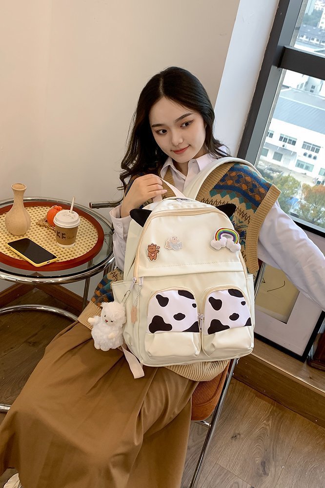 Japanese-style ins campus school style, fresh and cute, cute cow with earbuds, soft girl schoolbag, funny student backpack pic 63
