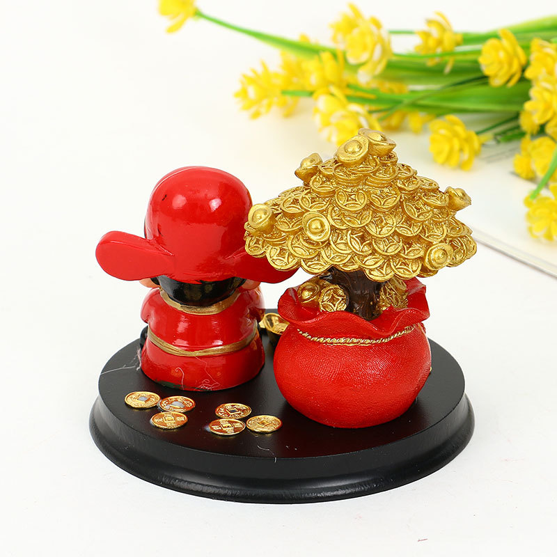 现代创意树脂工艺品财神爷发财树搭配铜钱元宝家居装饰摆件详情6
