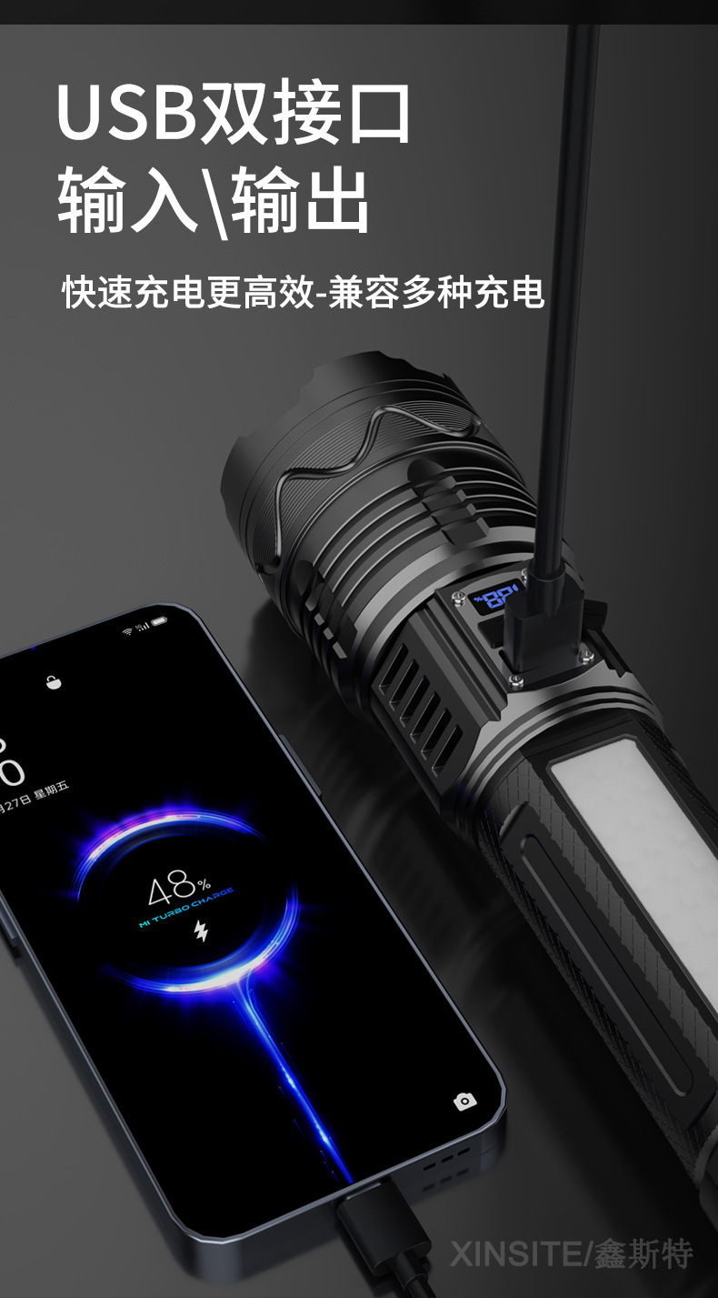 跨境爆款手电筒强光长续航usb充电户外照明白激光手电带cob工作灯详情9