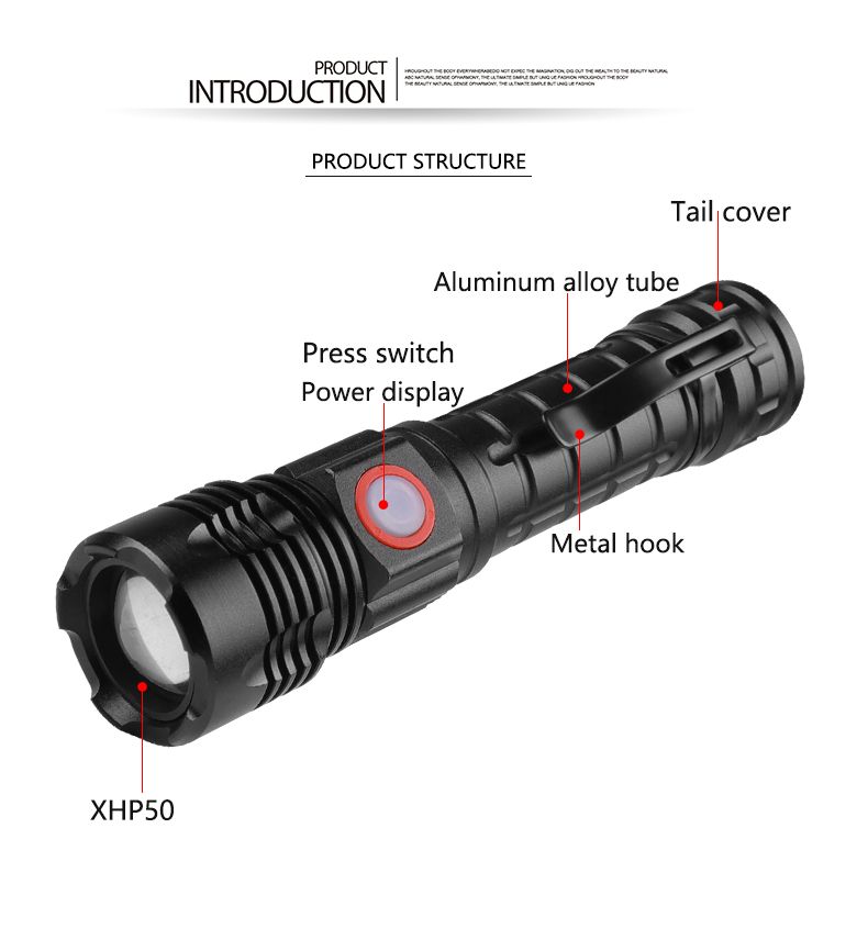 跨境新品XHP50轻便小巧带笔夹变焦强光手电筒 户外便携充电手电筒详情2
