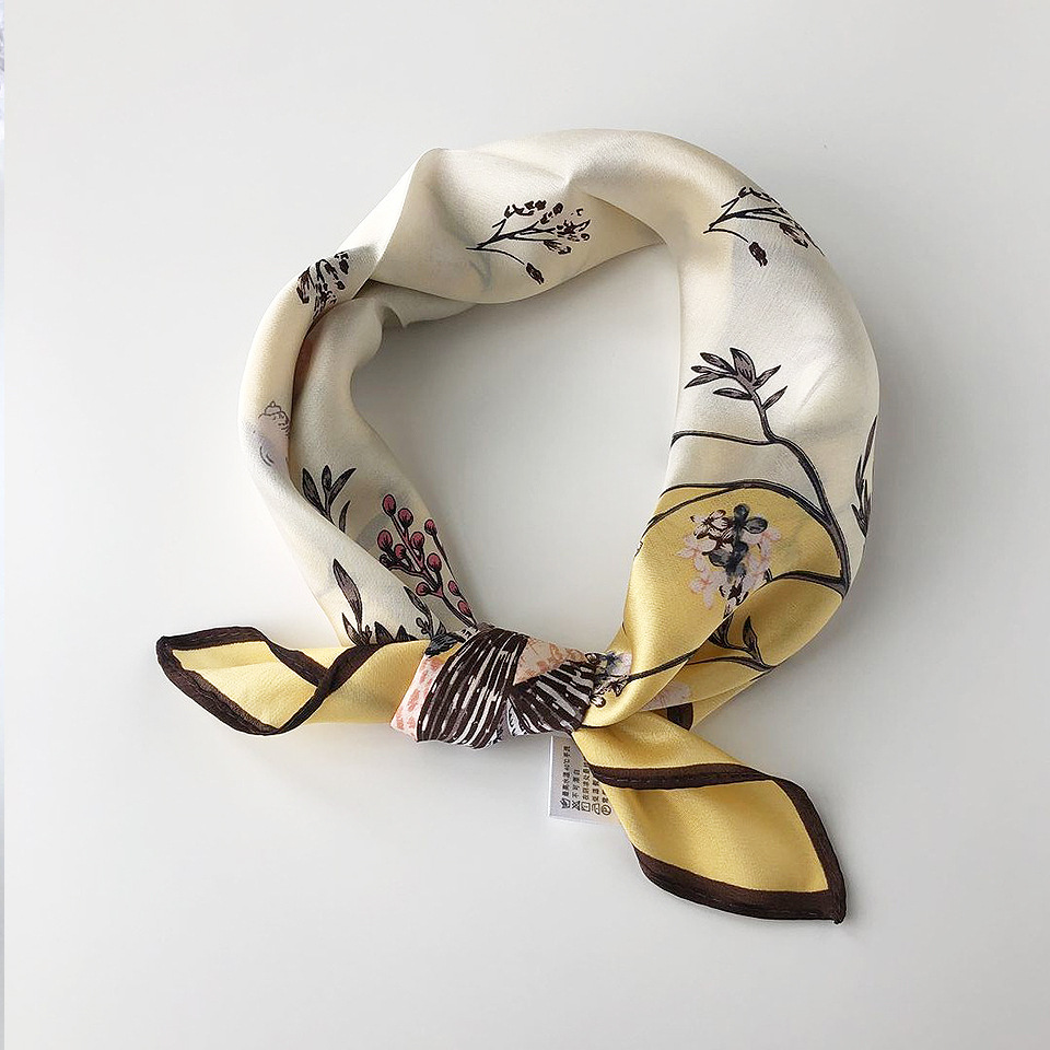 Wholesale silk scarves for overseas gifts and return gifts, cross-border silk autumn and winter decorative plain crepe satin 53cm floral neckerchiefs, small square scarves pic 53