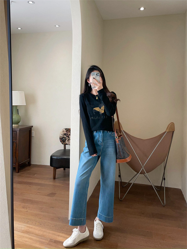 Playful and youthful embroidered printed puppy loose straight top straight-shoulder round-neck long-sleeved T-shirt for women 2025 early Spring G021418 pic 40