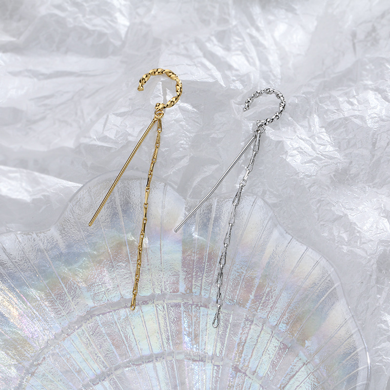 Long ear-clip-style earrings without ear piercings, simple and elegant for women, a niche European and American twisted long tassel ear-hanging bone clip pic 23