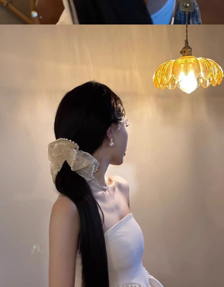 夏季新款超仙珍珠网纱大肠发圈女高级感钉珠发圈气质马尾头圈发饰详情3