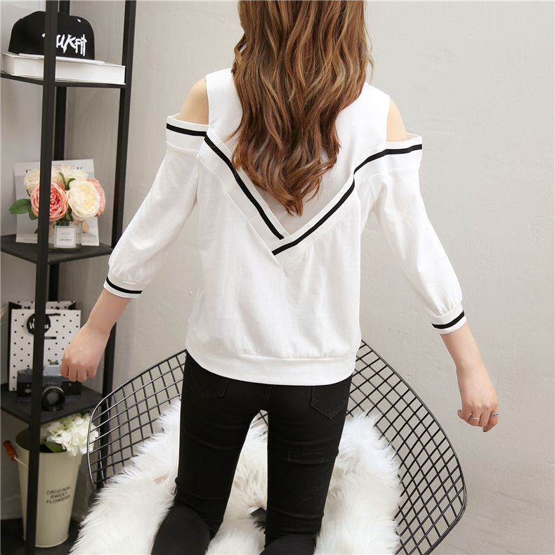 Spring and Autumn new versatile T-shirt for women, 7-inch sleeved off-the-shoulder long-sleeved sexy half-sleeved top pic 7