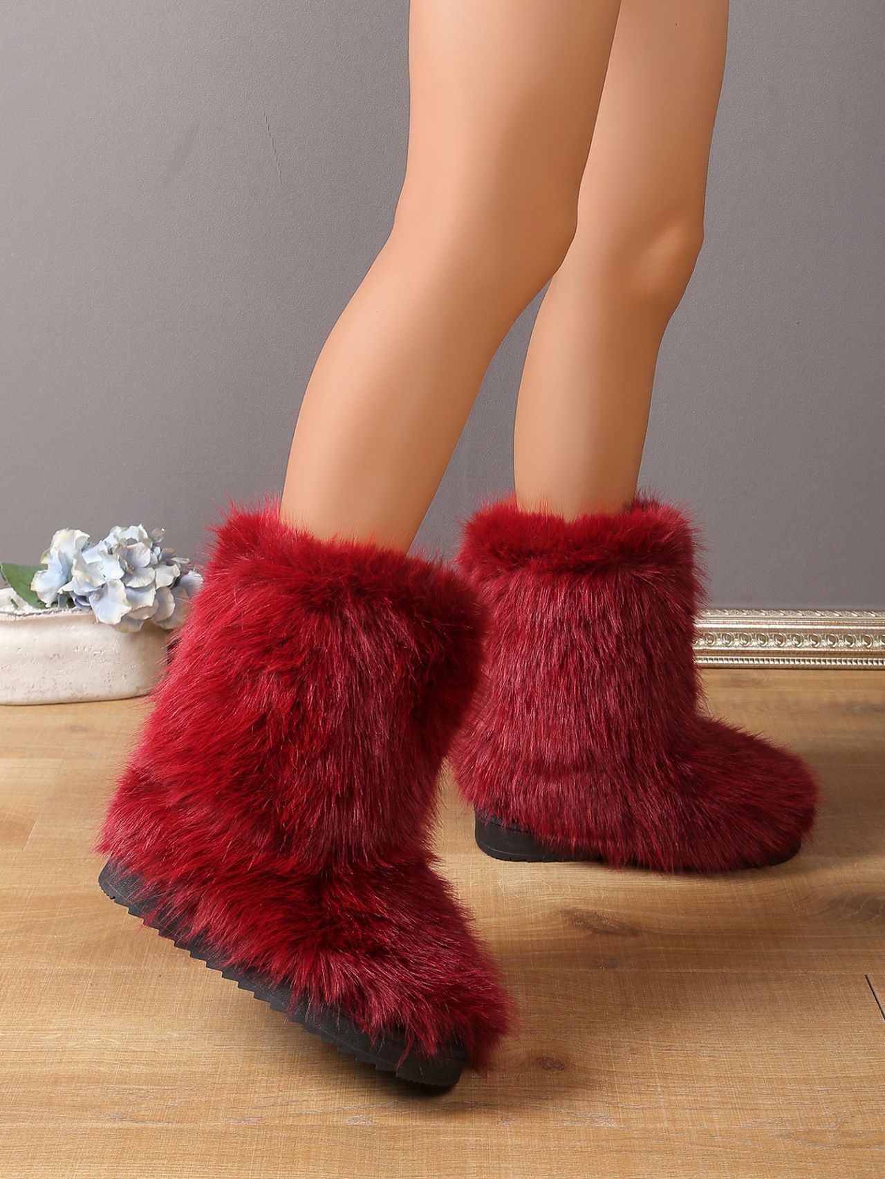 跨境新款毛毛靴子冬季保暖加绒雪地靴女大码中筒靴子44码外贸靴子详情44