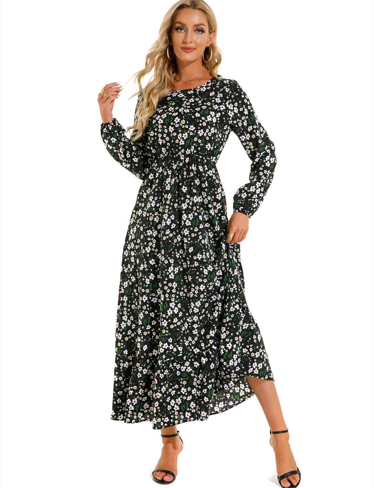 European and American floral long, round-neck, long-sleeved, waist-cinching and slimming dress pic 72