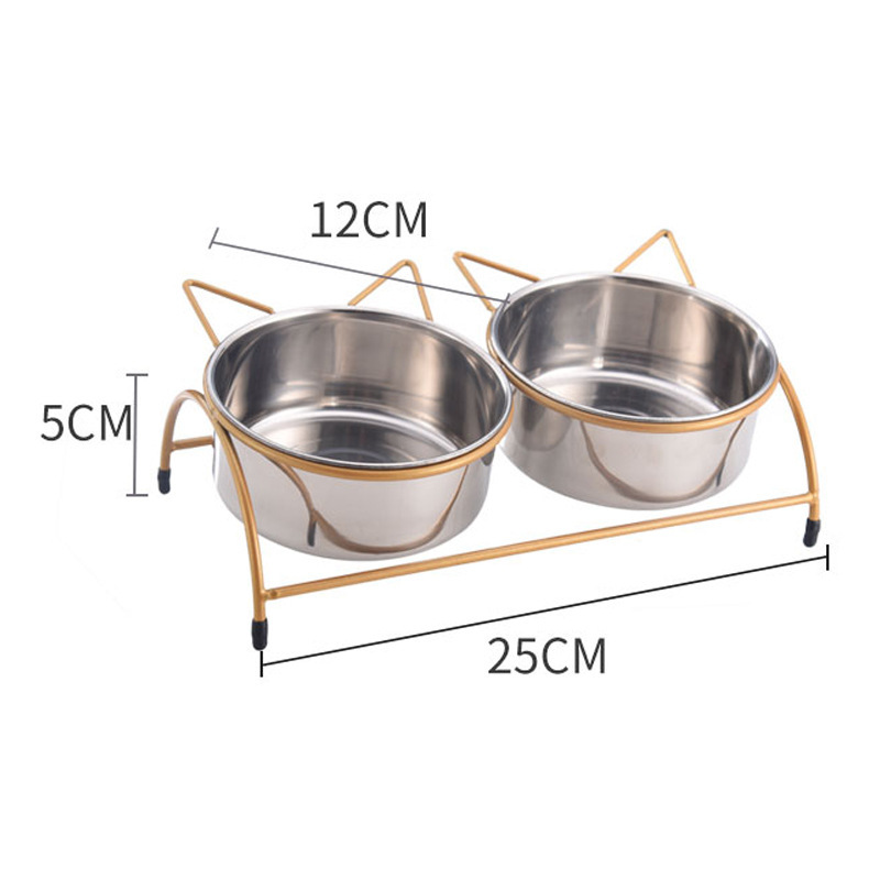 High-quality stainless steel pet bowl with iron stand to prevent knocking. Double bowl for cats, suitable for both eating and drinking. Dog food bowl pic 1